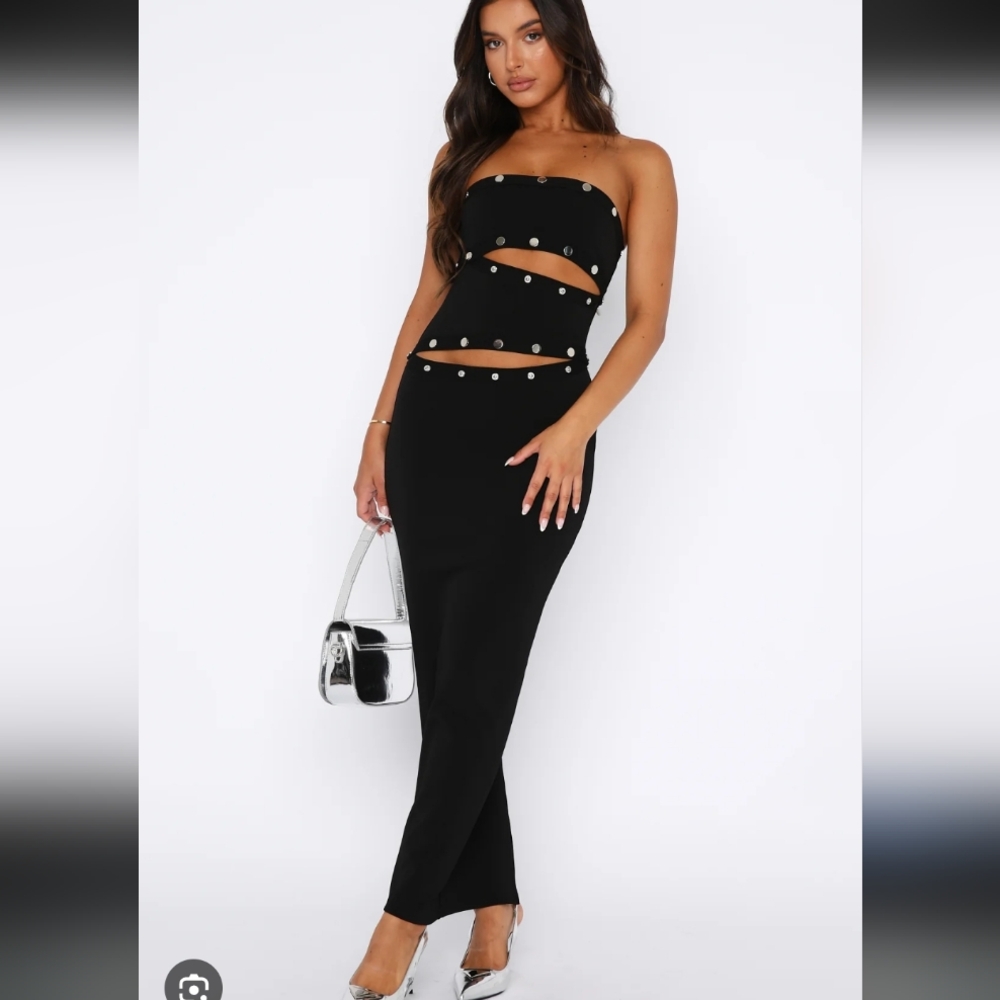 White Fox Boutique Black Cutout Maxi Dress with Silver Studs